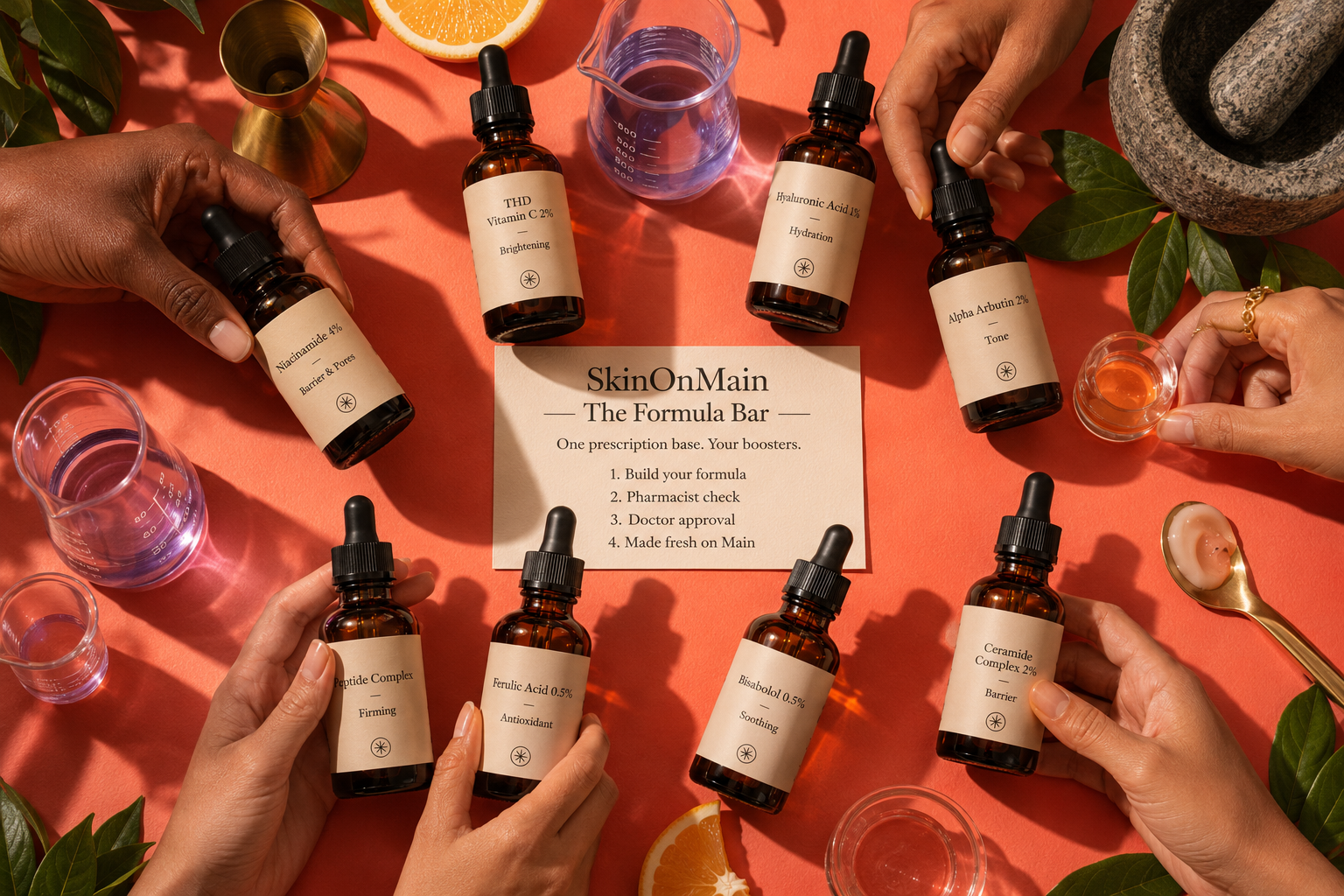 The Formula Bar: SkinOnMain booster bottles arranged around the formula card
